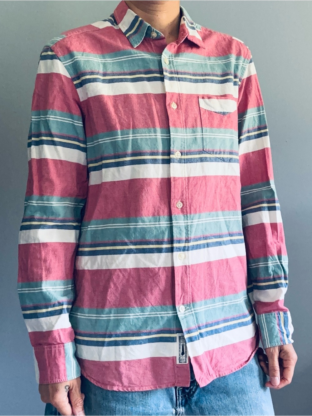 H&M L.O.G.G. Striped Button-Up Shirt - Pink, Teal, Yellow, Navy, Cream